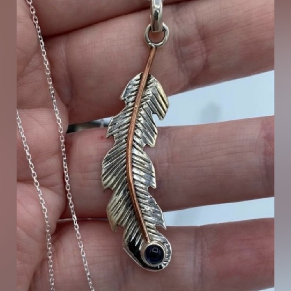 natural iolite and sterling silver feather charm